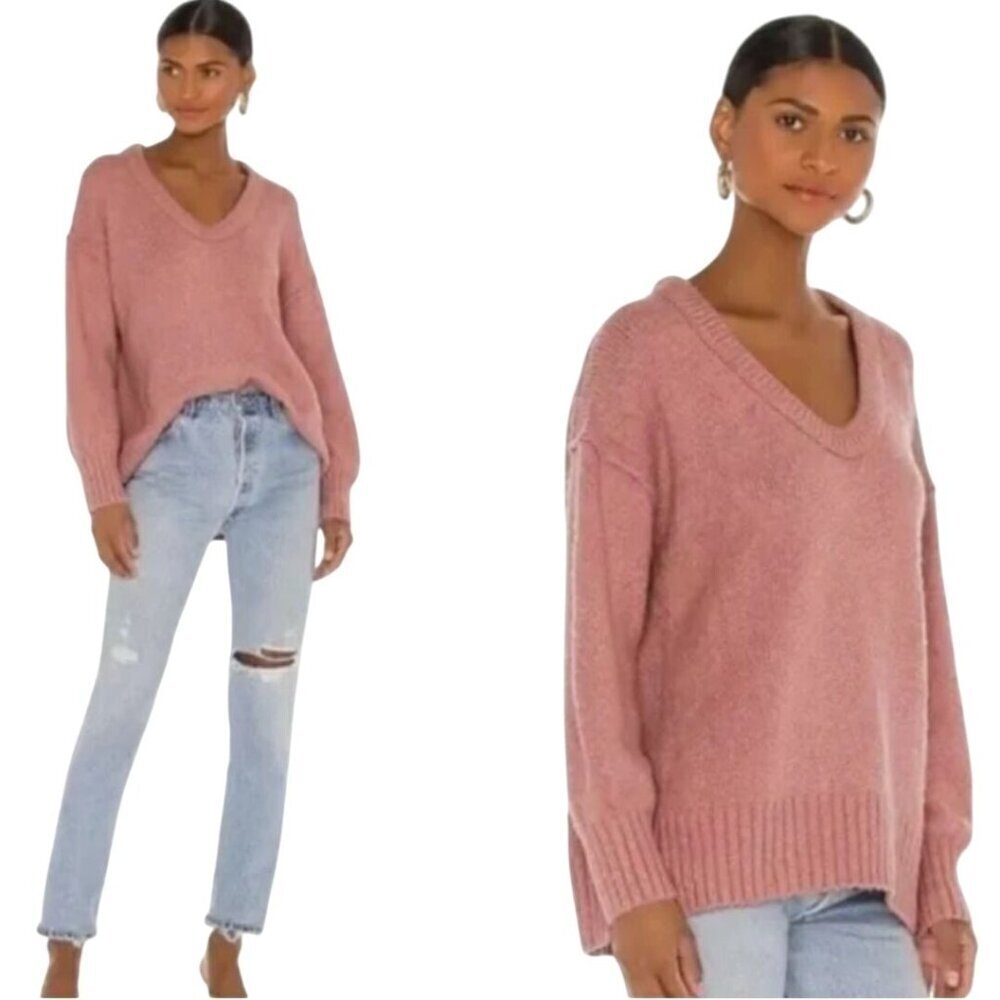 Free People Womens Brookside Sweater Oversized Tunic V-Neck Alpine Rose  Size S